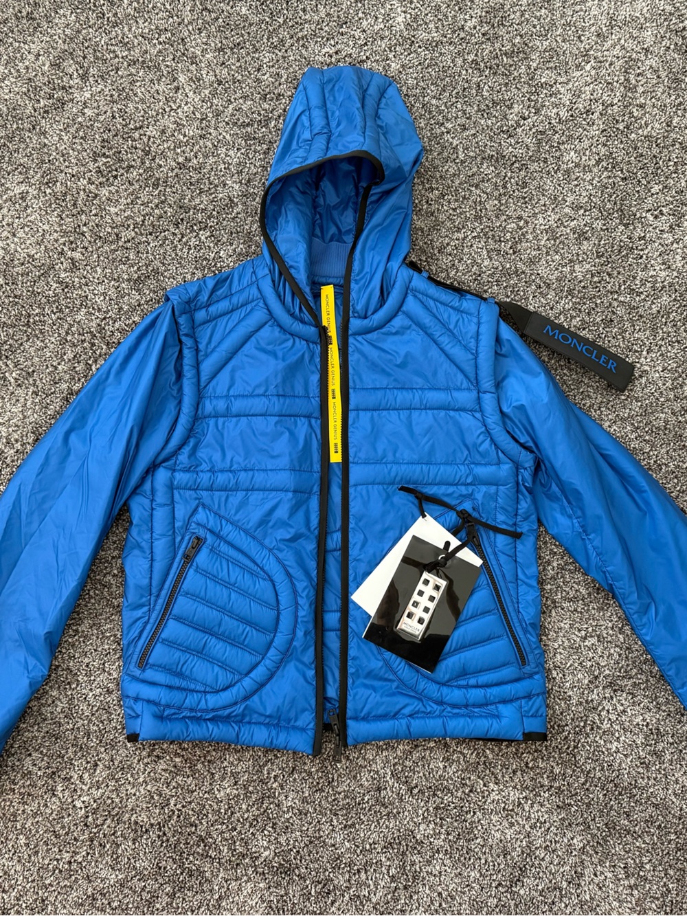Moncler Bright Blue Hooded Quilted Puffer Jacket with Yellow Zip Trim